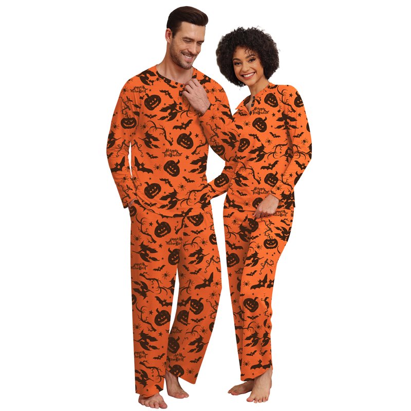 Halloween Couple Pajama Sets - Yellow Pumpkin Witch Variant for Women and Men