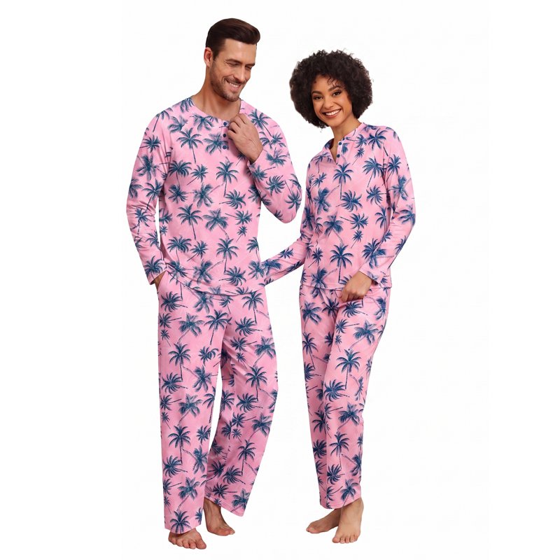 Pink Blue Palm Couple Pajama Set for Women Men M - Soft Holiday Sleepwear