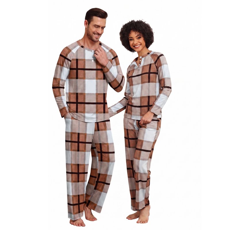 Men's Brown White Plaid Couple Pajama Sets - Soft Sleepwear with Pockets