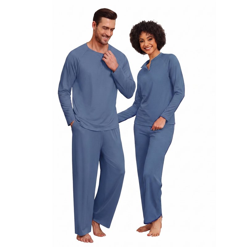 Couple Pajama Set for Women XL - Soft Matching Sleepwear with Pockets - Gray Blue
