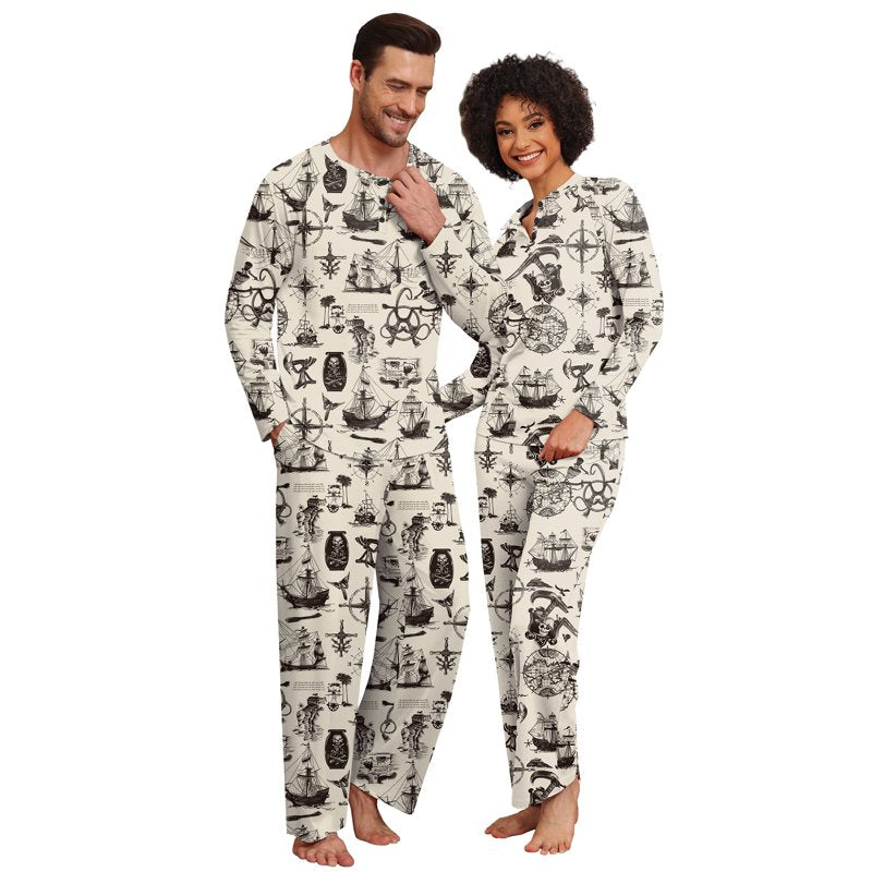 Beige Pirate Map Couple Pajama Set - Women L, Soft Sleepwear with Pockets