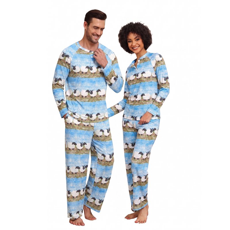 Couple Pajama Sets for Women Men Blue Black Sheep S - Soft Holiday Sleepwear