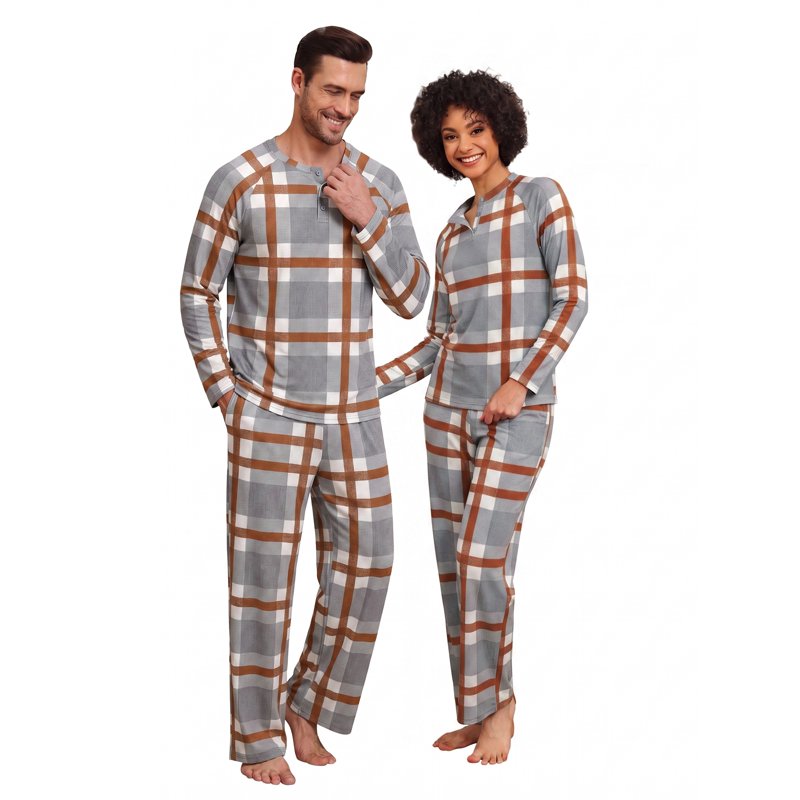 Gray White Plaid Couple Pajama Set for Men and Women - M Size