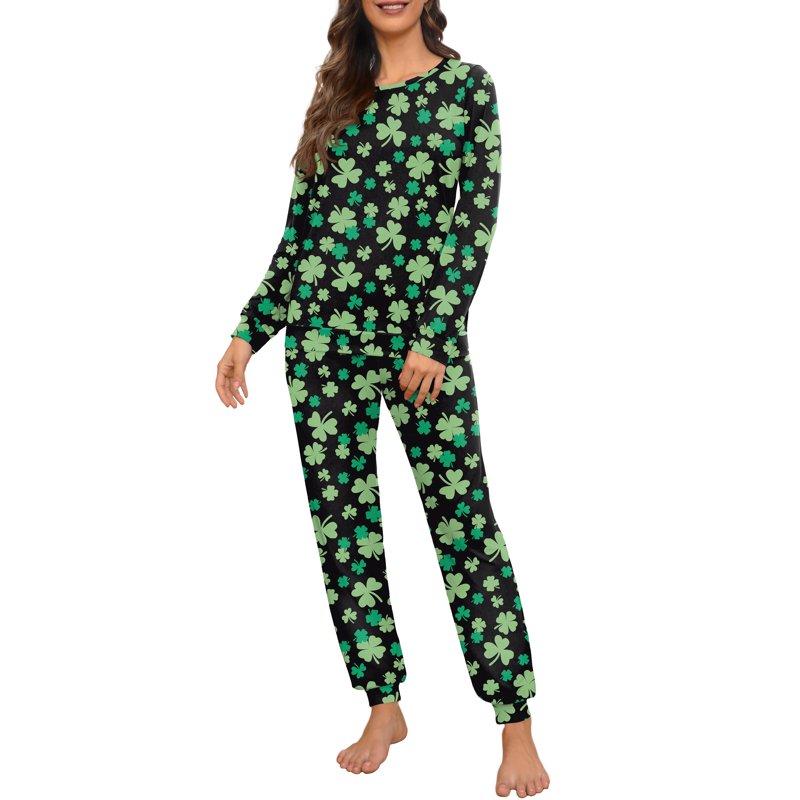 Women's Pajama Set Long Sleeve Lounge Sleepwear with Pockets - Black Green Clover, L