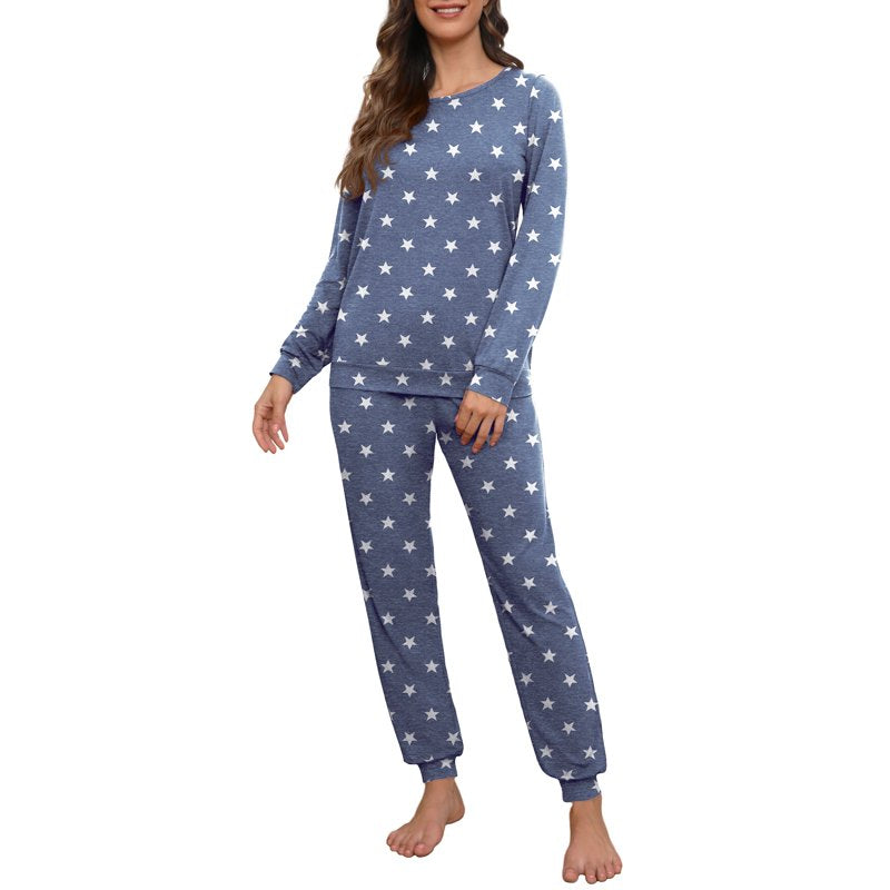 Women’s Pajama Set Long Sleeve Sleepwear Lounge Set with Pockets - Blue Star, M