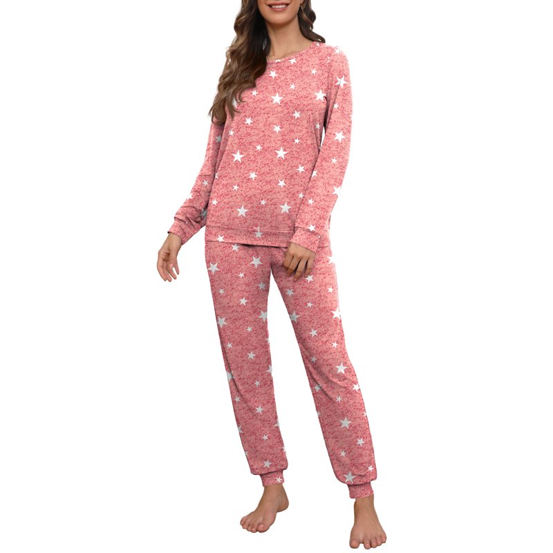 Women's Pajama Set Long Sleeve Sleepwear Lounge Sets with Pockets - White Star Red, S