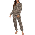 Leopard Khaki Womens Pajama Set Long Sleeve Sleepwear with Pockets - L