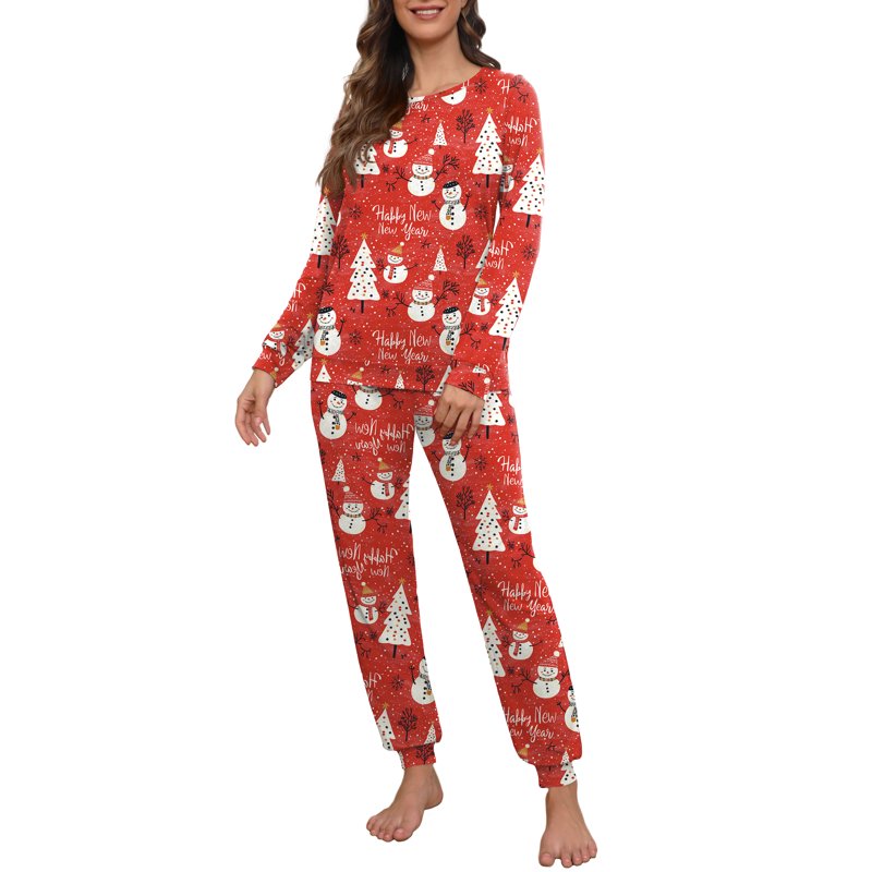 MINTREUS Women's Pajama Set XL - Long Sleeve Sleepwear with Pockets - Red Snowman