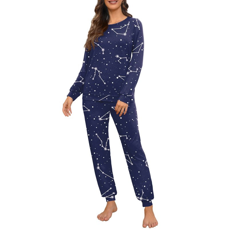 Women’s Pajama Set Long Sleeve Sleepwear Lounge Set with Pockets - Blue Star Sign, L