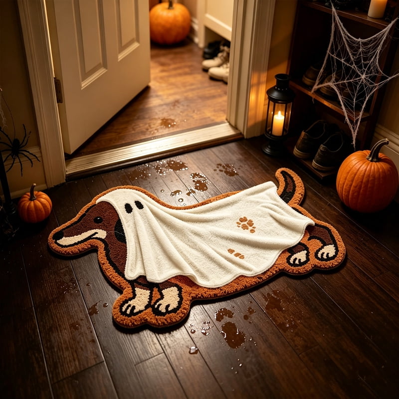 Halloween Dachshund Ghost Doormat - Soft Faux Non Slip Entryway Rug