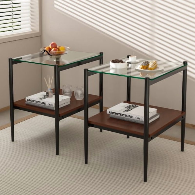 2 Pack Rectangular End Tables - Tempered Glass Top Accent Tables
