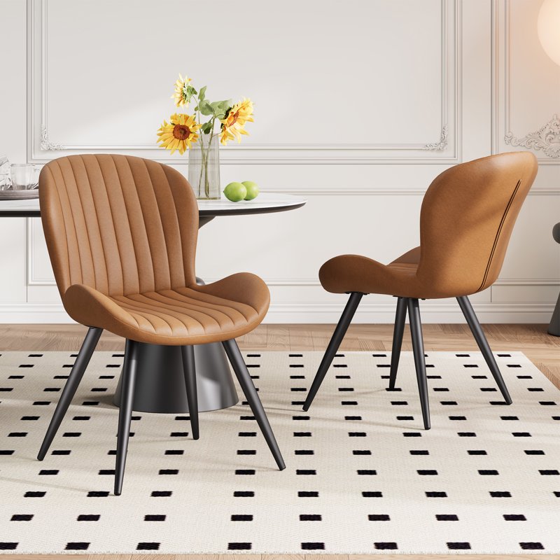 Upholstered Dining Chairs Set of 2 - Brown with Backrest & Metal Legs