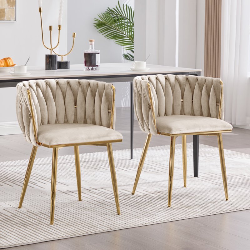 Velvet Dining Chairs Set of 2 - Beige with Metal Legs