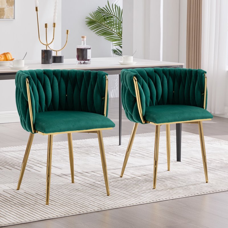Velvet Dining Chairs Set of 2 - Green Upholstered with Metal Legs
