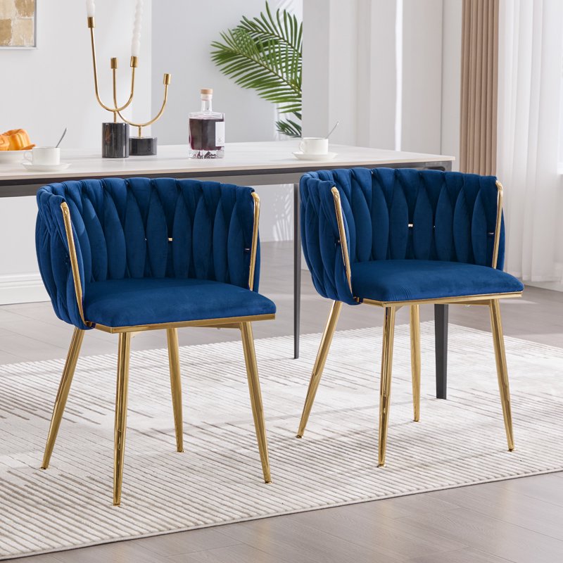 Velvet Dining Chairs Set of 2 - Navy Blue with Metal Legs