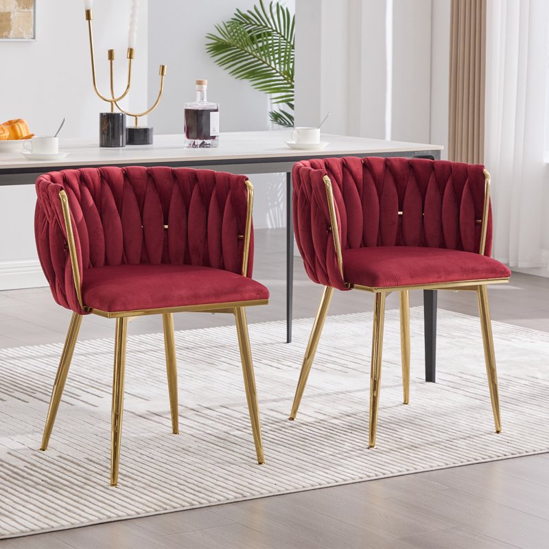 Velvet Dining Chairs Set of 2 - Wine Red with Metal Legs