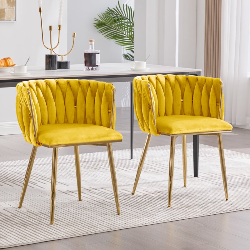Velvet Dining Chairs Set of 2 - Yellow with Metal Legs