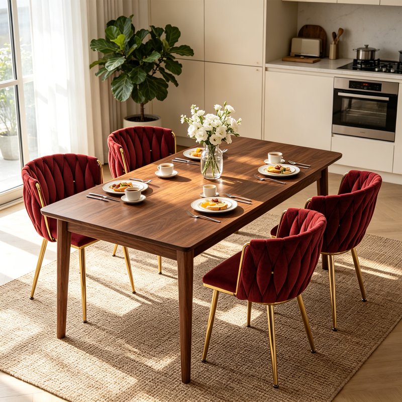 Velvet Dining Chairs Set of 4 - Wine Red, Metal Legs