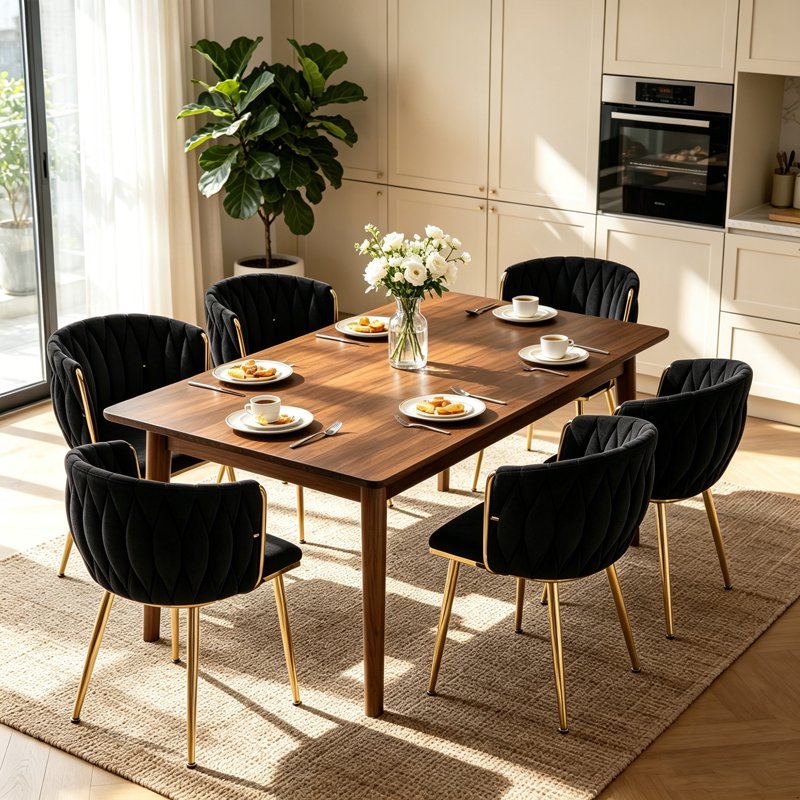 Velvet Dining Chairs Set of 6 with Metal Legs - Black