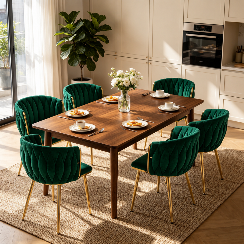 Velvet Dining Chairs Set of 6 with Metal Legs - Green