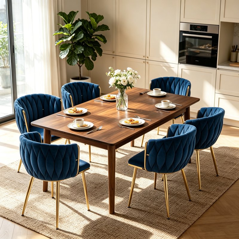 Velvet Dining Chairs Set of 6 with Metal Legs - Navy Blue
