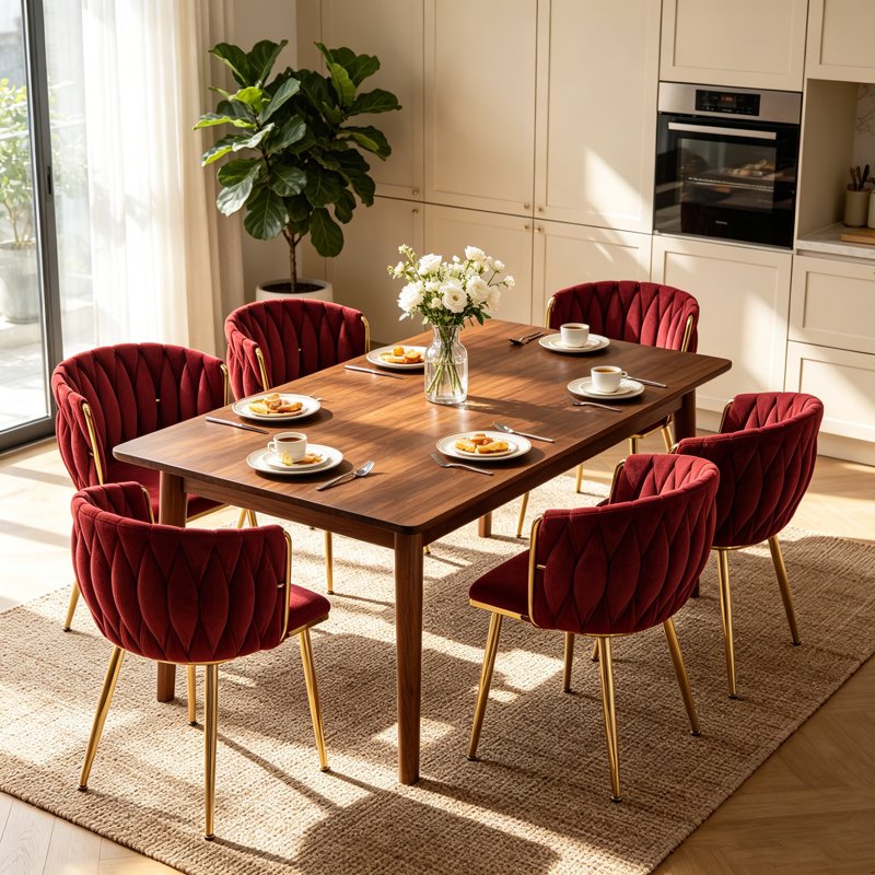 Velvet Dining Chairs Set of 6 with Metal Legs - Wine Red