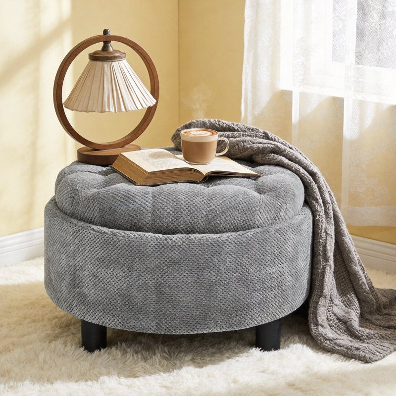 Round Storage Ottoman with Reversible Tray - Multiple Colors