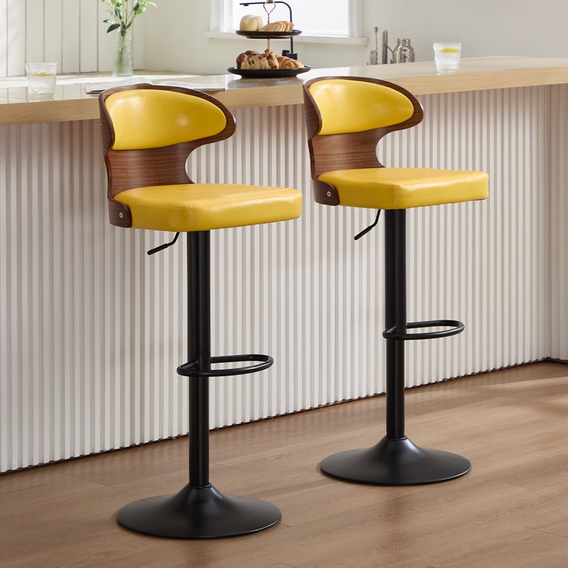 Swivel Bar Stools Set of 2 - Wooden Kitchen Chairs with Back, Yellow