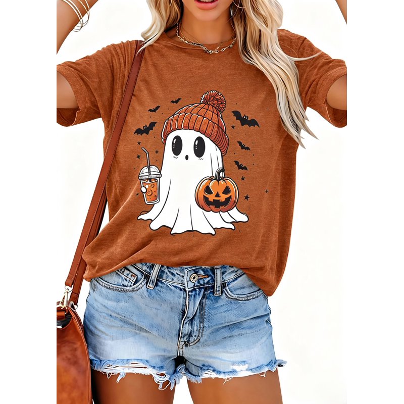 Brown Halloween Ghost Book Lover Graphic T-Shirt for Women - Size L