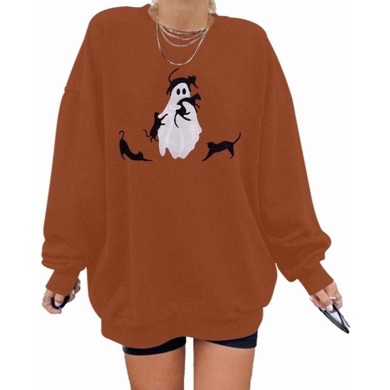 Brown Halloween Spooky Season Sweatshirt for Women - Oversized Black Cat Ghost Pullover