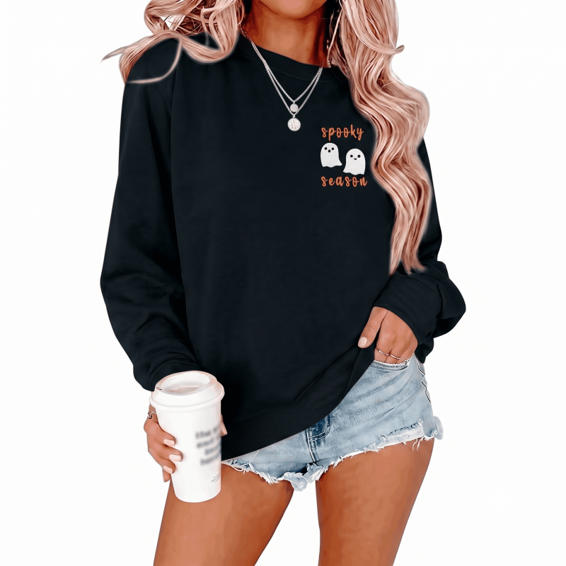 Women's Black Ghost Spooky Season Sweatshirt with Embroidered Graphic - S Variation