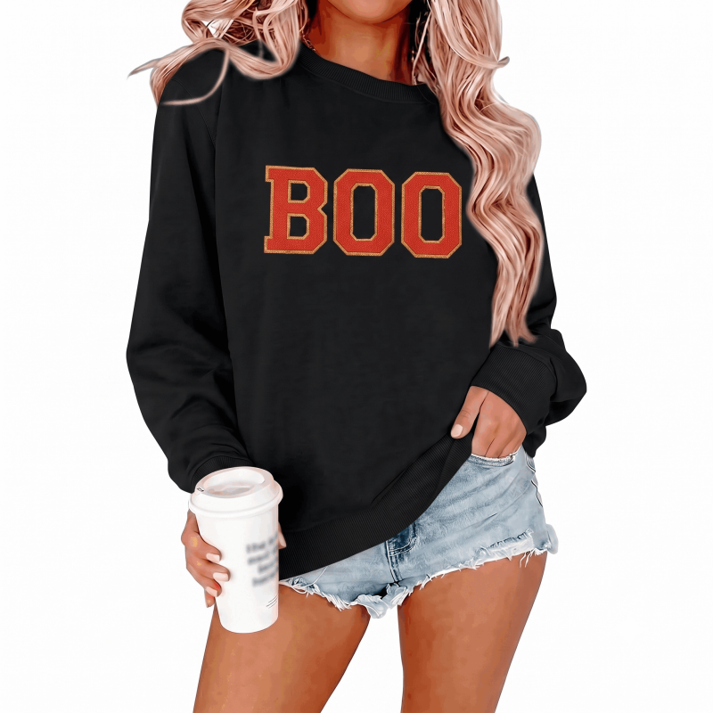 Black XXL Halloween Sweatshirt for Women Boo Embroidered Spooky Season Pullover