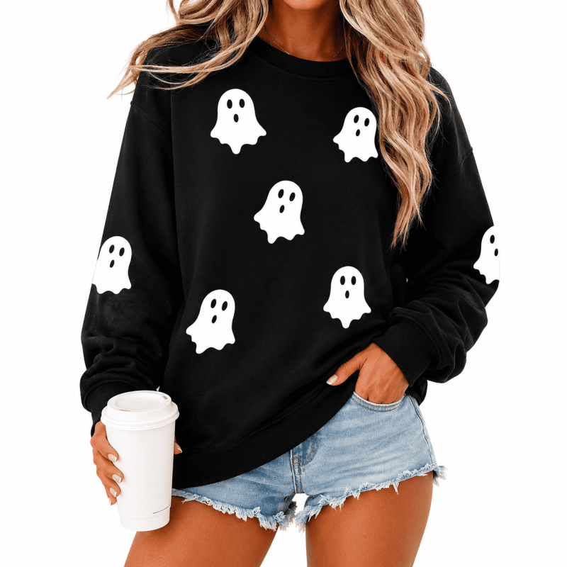 Halloween Ghost Graphic Sweatshirt Women Black XXL Spooky Fall Top