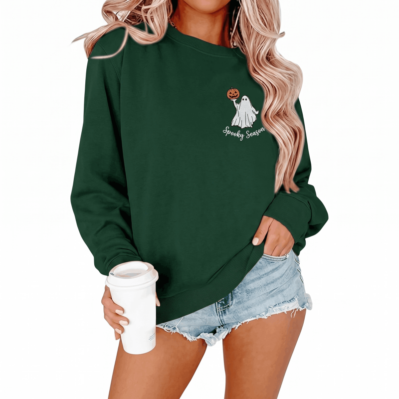 Dark Green Halloween Sweatshirt Women Spooky Season Ghost Pumpkin Pullover XXL