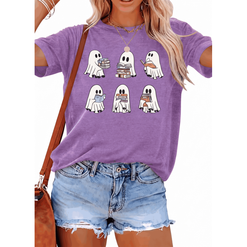 Women's Halloween Ghost Book Worm Graphic Tee - Purple XL