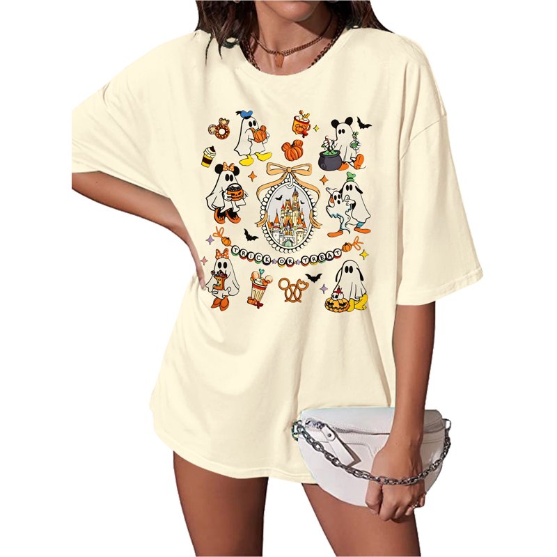 Beige Oversized Halloween Ghost Castle Graphic T‑Shirt for Women - Cute Fall Casual Top