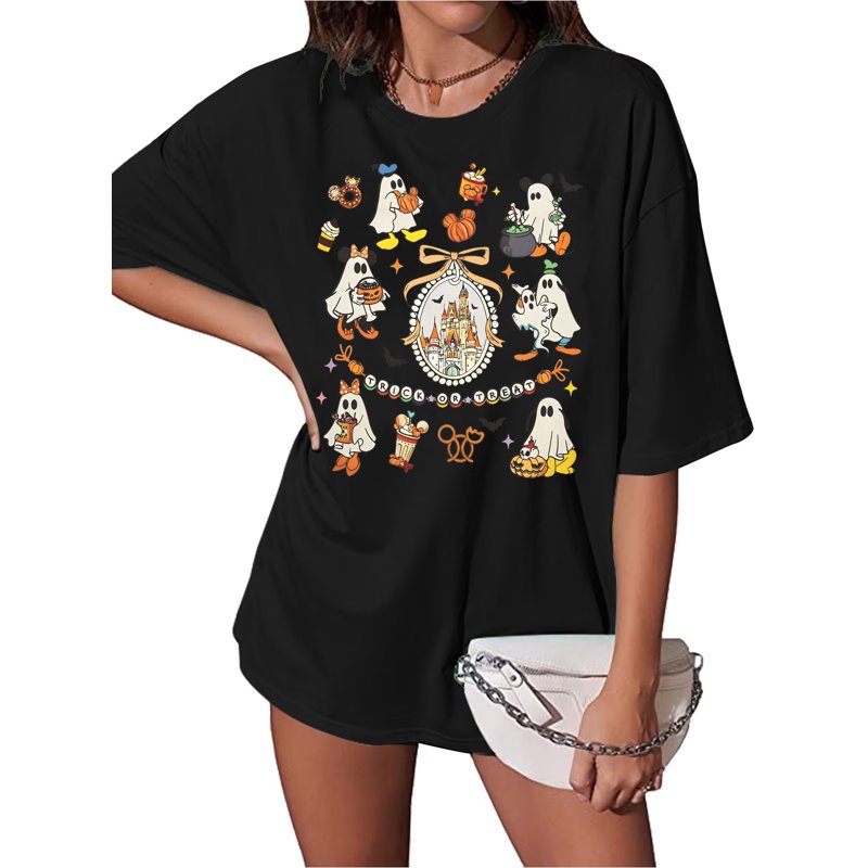 Women Oversized Halloween T-Shirt with Ghost Castle Graphic - Black, L