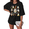 Women's Oversized Halloween T-Shirt with Ghost and Castle Graphic - Black, S