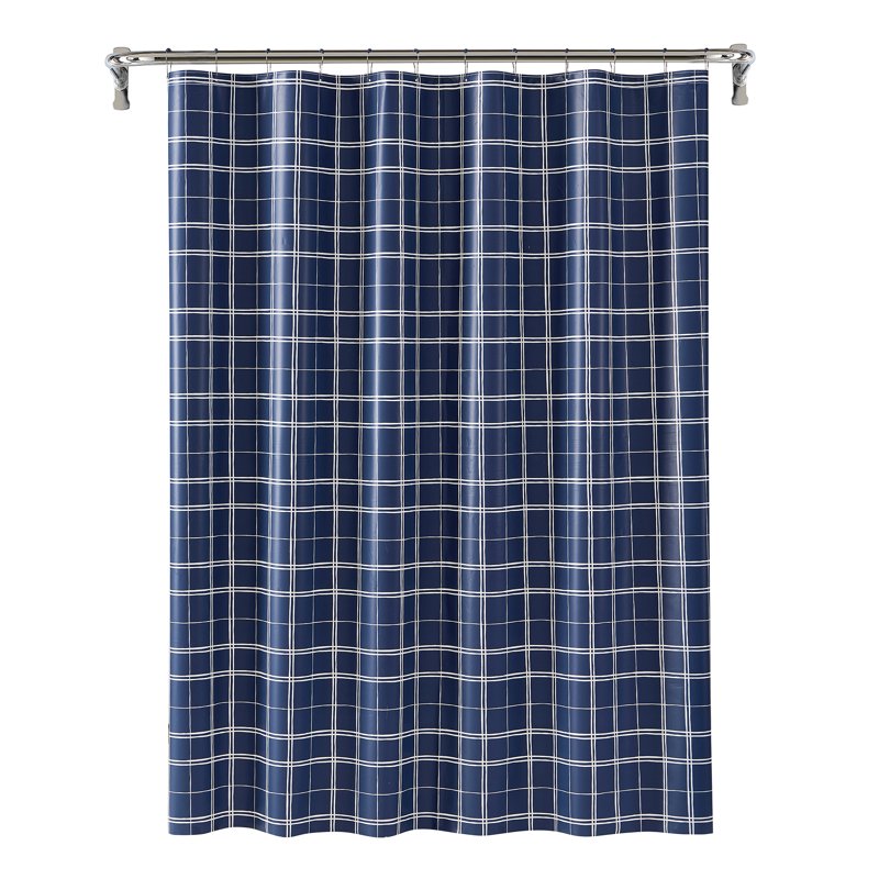 Navy Plaid Shower Curtain Set with 12 Metal Hooks - Waterproof PEVA Bathroom Decor