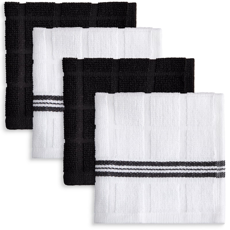 Cotton Dishcloths - 4 Pack, 12x12 Inches, Black Stripes