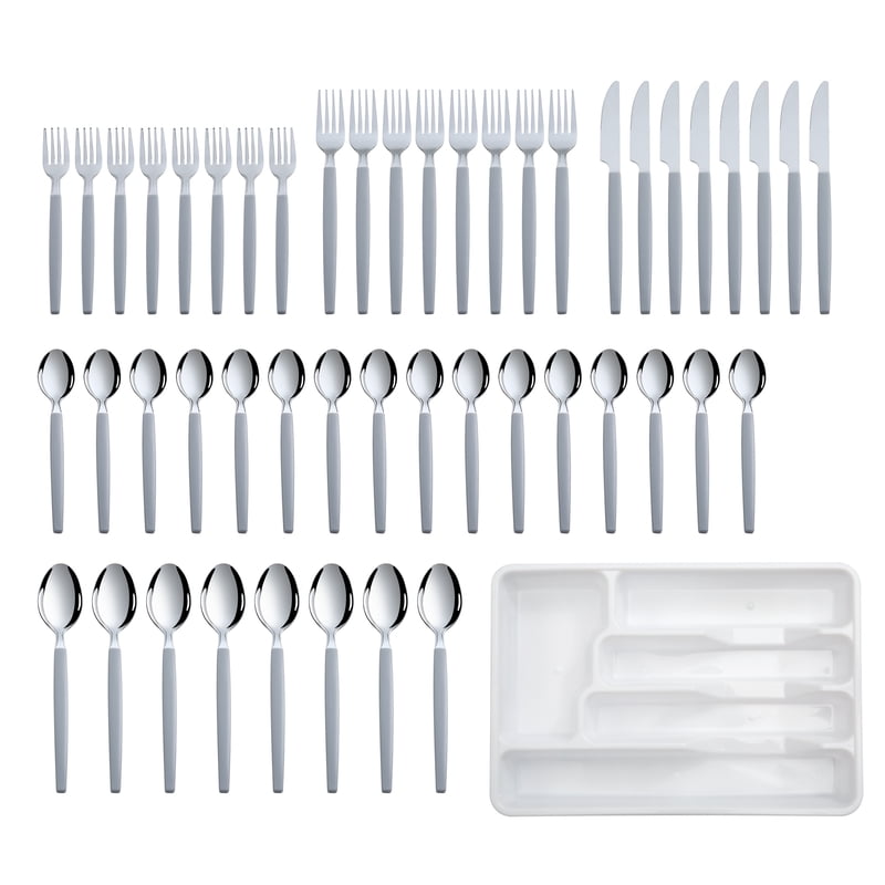 49-Piece Stainless Steel Flatware Set with Tray - Gray Plastic Handles
