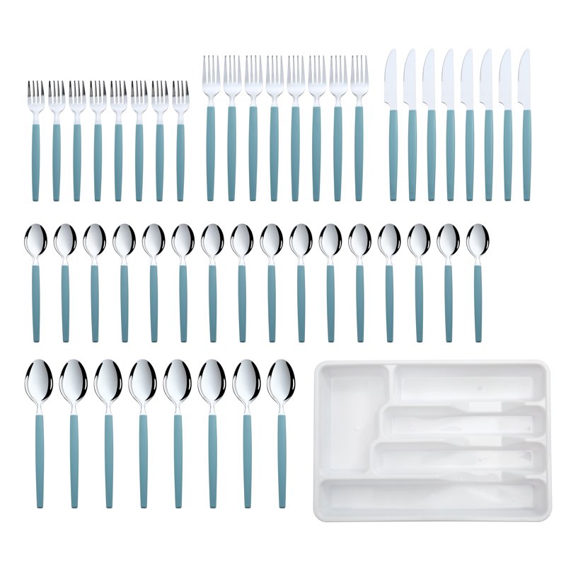 49-Piece Teal Blue Stainless Steel Flatware Set with Tray - Service for 8