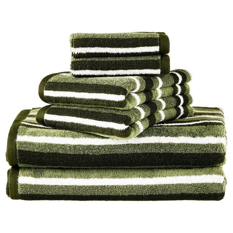 Cotton Towel Set with Green Stripes - 6-Piece Bath, Hand & Washcloths