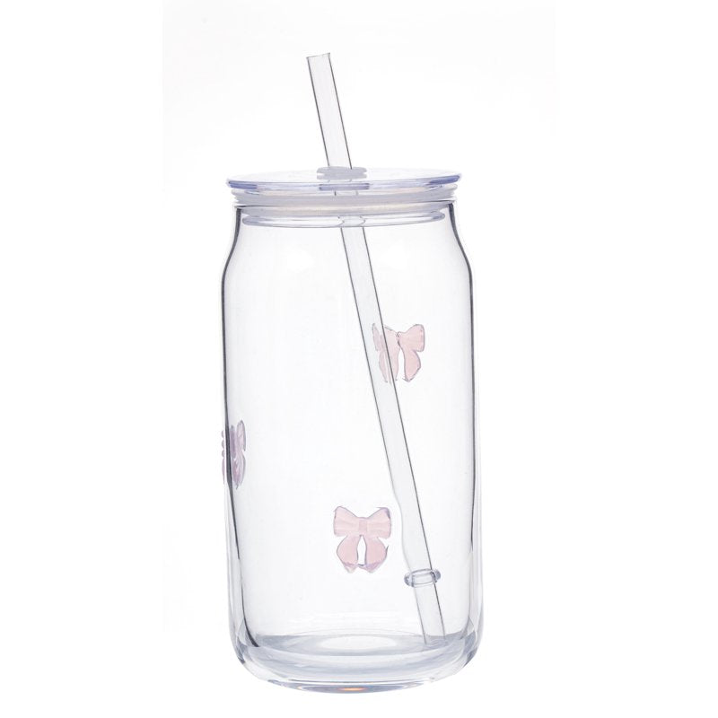 Bow Charm Glass Can Sipper - Durable Drinkware with Pink Bow