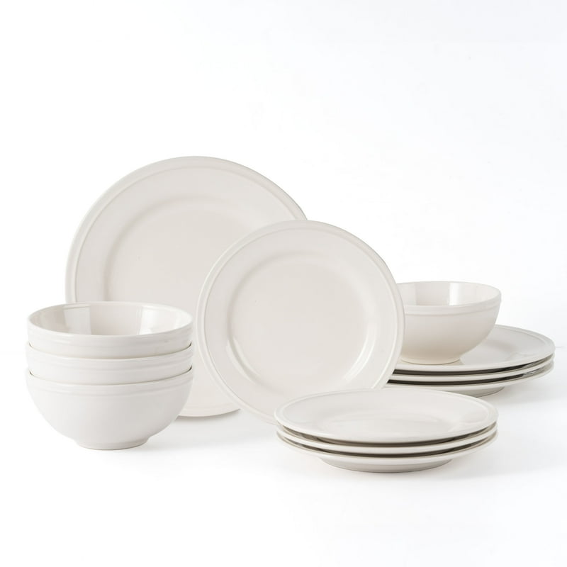 12-Piece Stoneware Dinnerware Set - White Round, Vanilla Dream, Ribbed