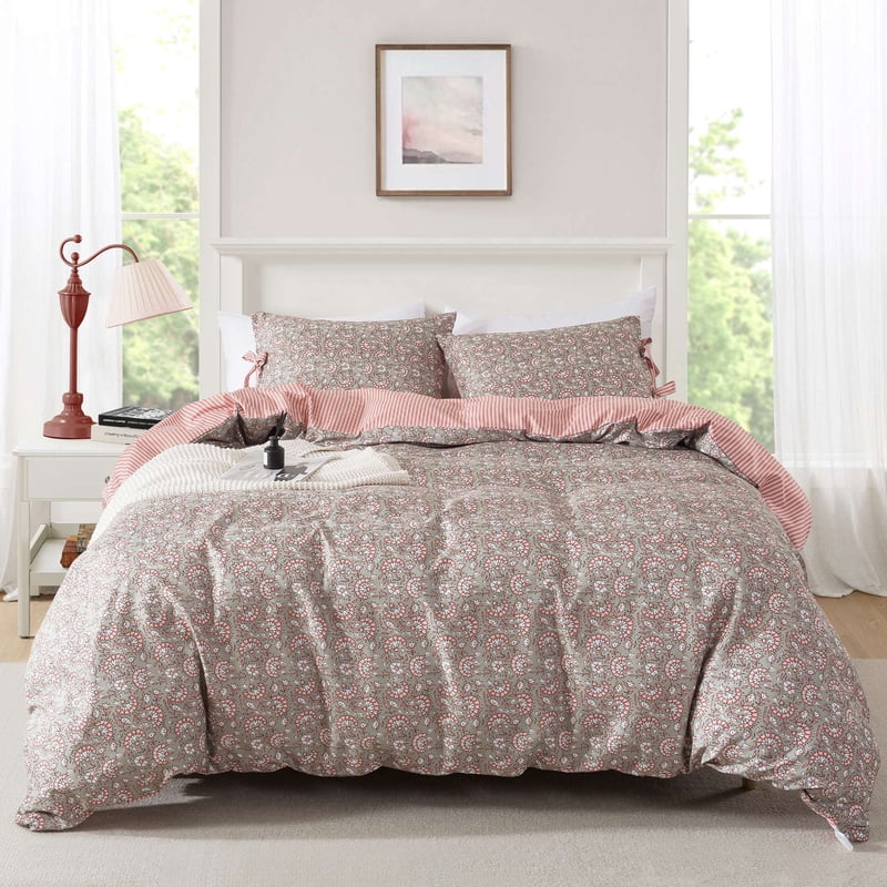 Reversible All-Season Full/Queen Duvet Cover Set with Floral Bowknot - Green