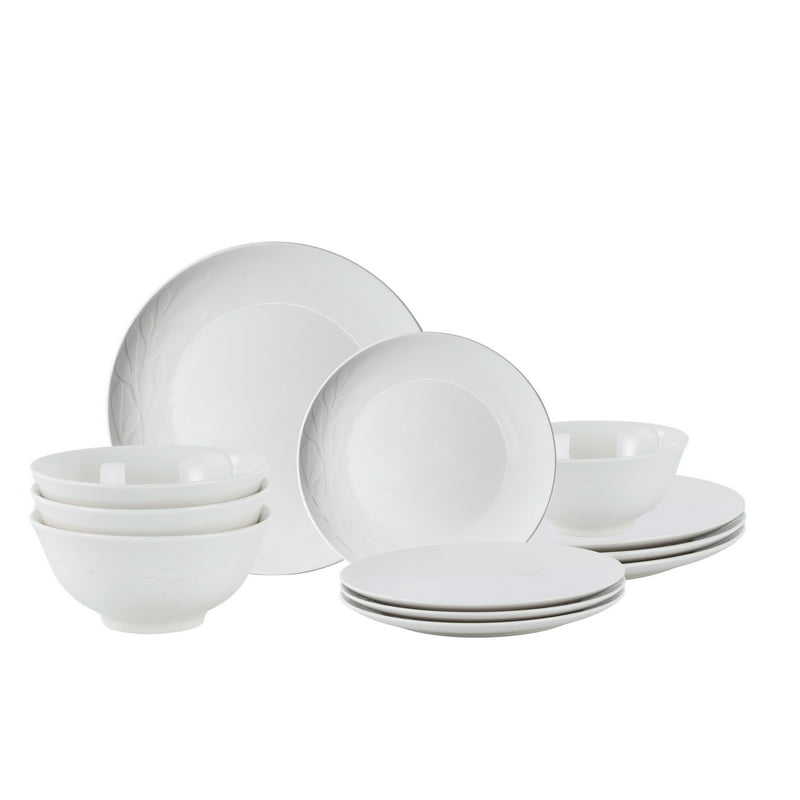 12-Piece White Stoneware Dinnerware Set - Round, Botanical