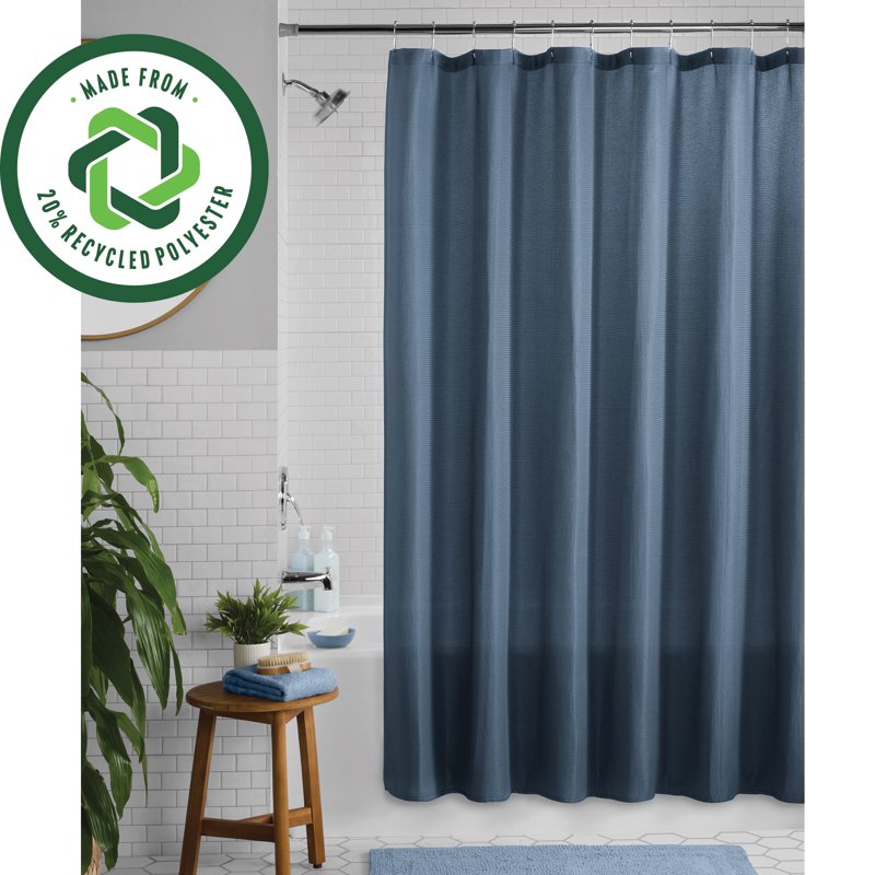 Mainstays Waffle-Weave Fabric Shower Curtain - Cotton Blend, Recycled Polyester, Blue, 72 x 72 Inches