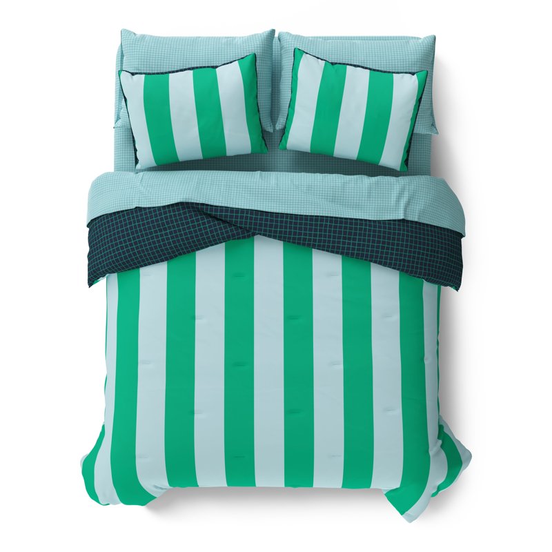 Kids Reversible Comforter Set with Sheets - Green & Blue Stripe, Full