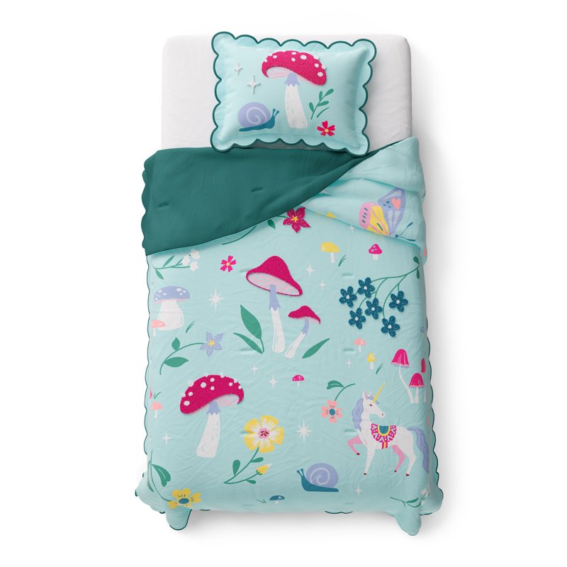 Kids Fairy Garden Comforter Set Twin - Textured Unicorn & Mushrooms Bedding